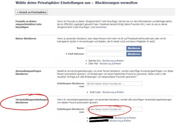 Einladung von einer Person blockieren